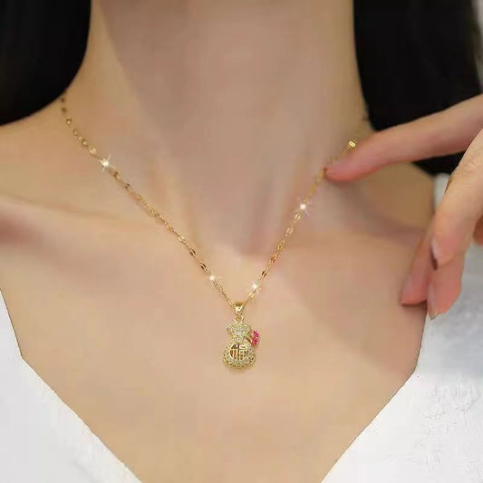 Wind Fu Character Chinese Pouch Necklace Female Personality Fashion Minority Design Purse Clavicle Chain Jewelry