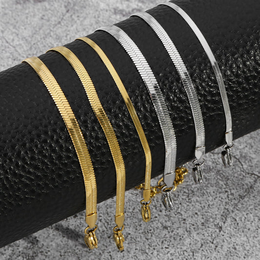 Simple Steel Peptide 18K Gold Plating Chain Like Flat Snake Bracelet